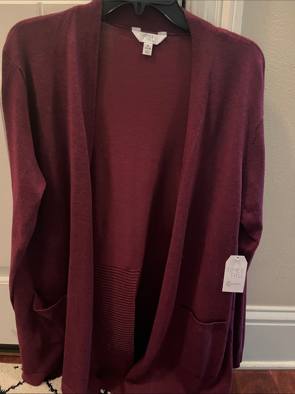 Time and Tru Burgundy Open-Front Cardigan with Pockets
